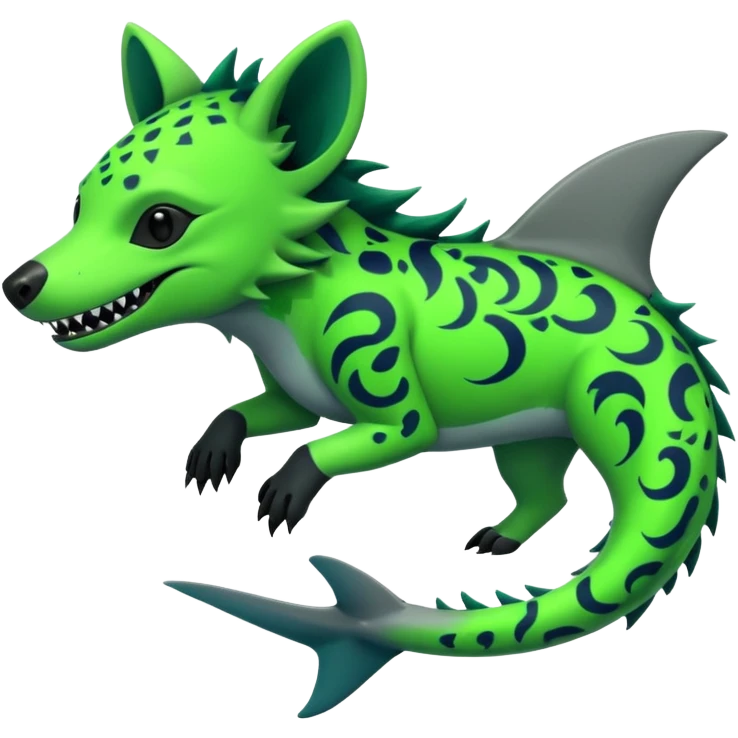 Edgy cool badass Neon-green landhai-sergal-hyena, with a shark tail, with black and dark-green swirly patterns markings emoji