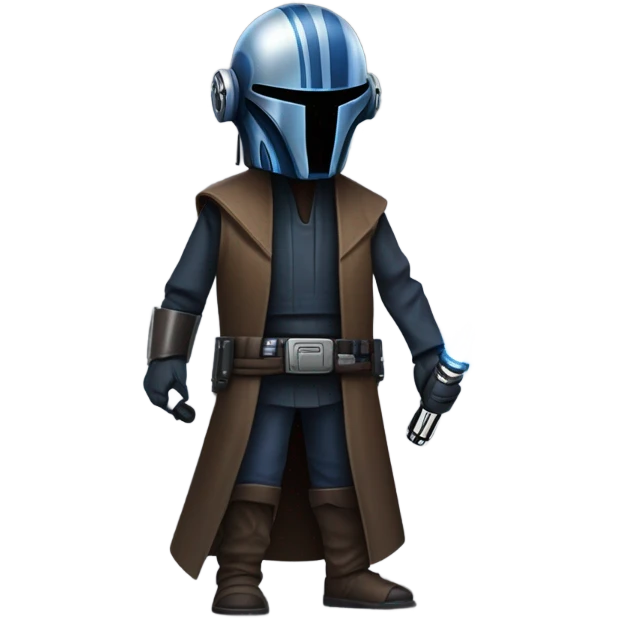 tough well-equipped jedi first order darkblue-pearl C3po as a friendly bounty hunter droid wearing a leather attire old west duster coat holding light saber ready  emoji