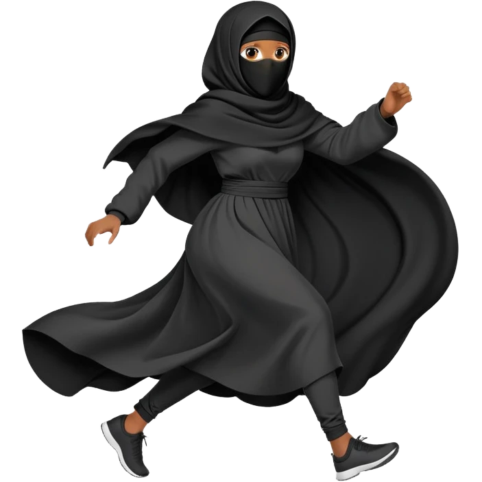 woman in a black niqab and oversized garments, running, dynamic pose emoji