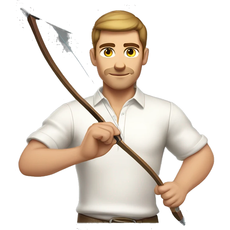 a male archer bending a bow, wearing a white shirt, very short brown hair, bright skin, only show upper part of the body from waist up emoji