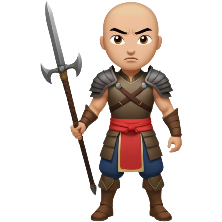 full body Hun warrior inspired by Mulan, barbaric, bald head, thick eyebrows, scowling, dark battle gear, wild appearance emoji