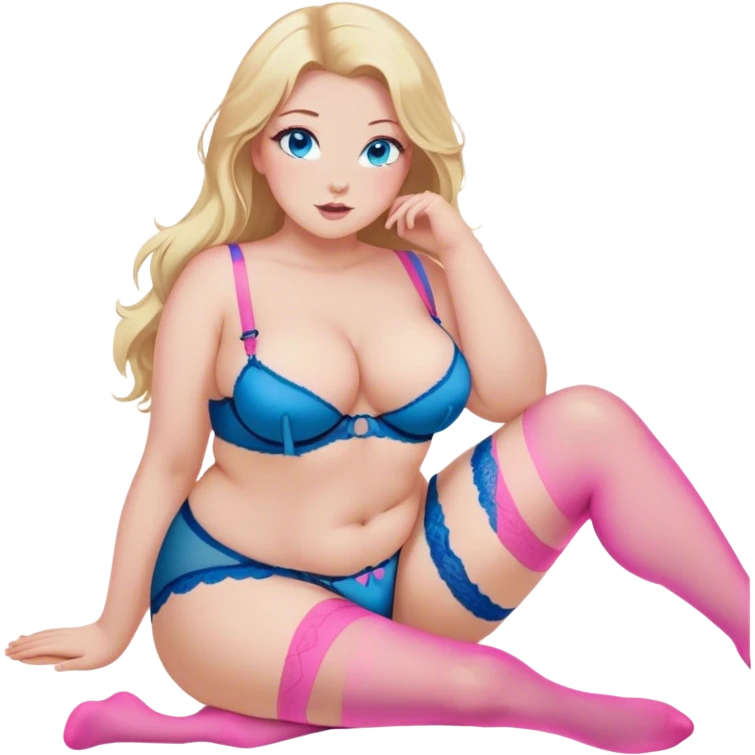 plus size blonde, long hair and blue eyes, intimate, pink nylon stocking and garter belt pose, sfw emoji