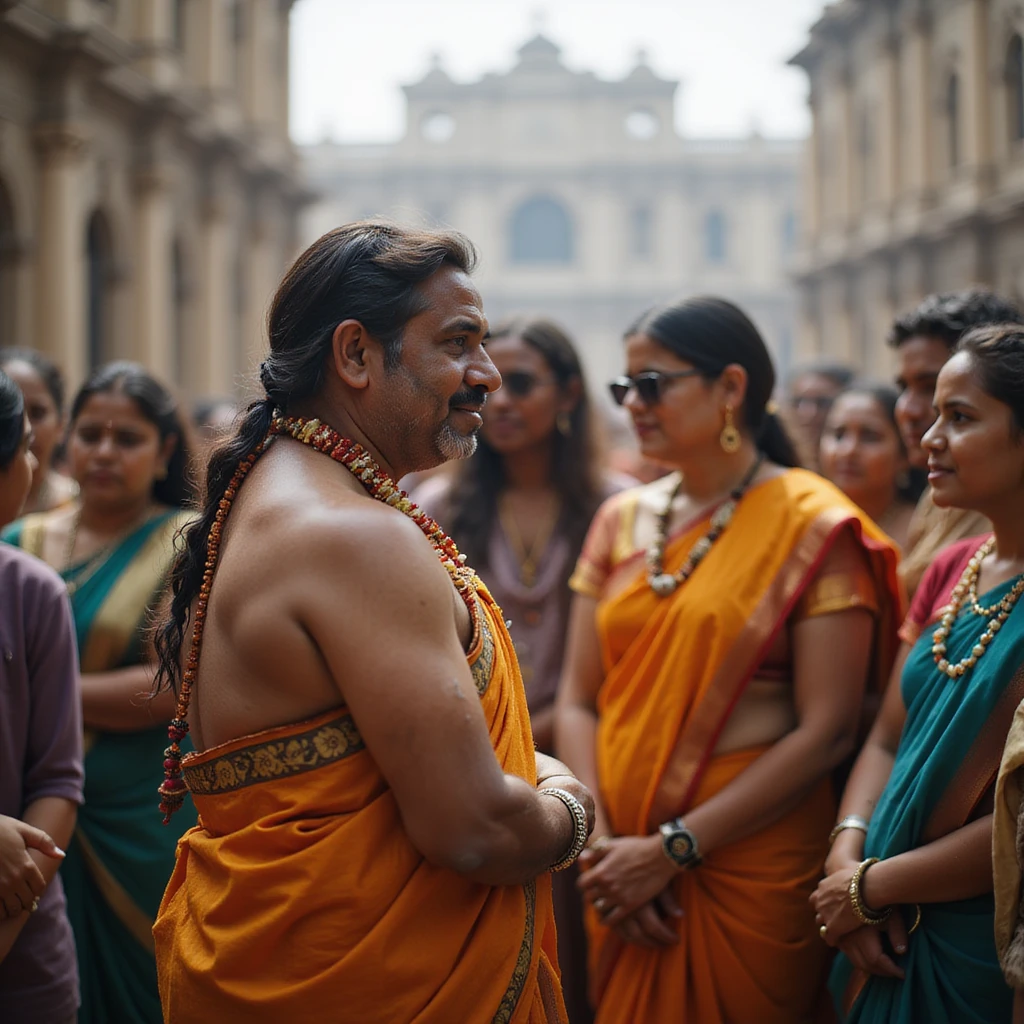 an indian person standing talking to a group emoji