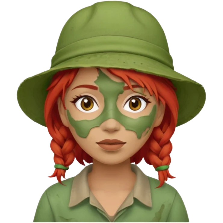 messy green full face clay mask and tourist hat red hair  emoji