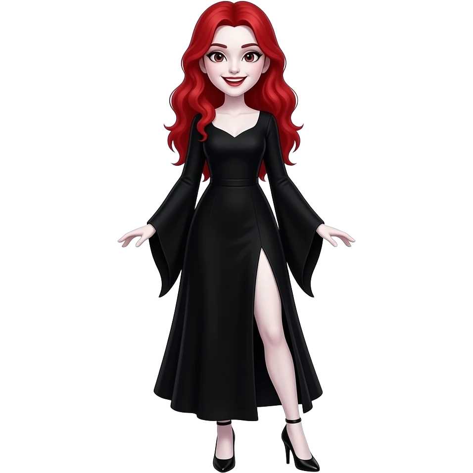 Vampiro femmina adolescente con la pelle bianca e i capelli rossi che indossa un vestito lungo e largo sotto nero e le maniche lunghe e i tacchi ed è felice emoji