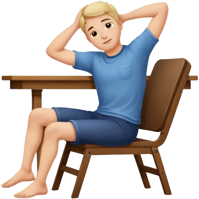 man leaning back on chair with legs on desk and hands behind head emoji