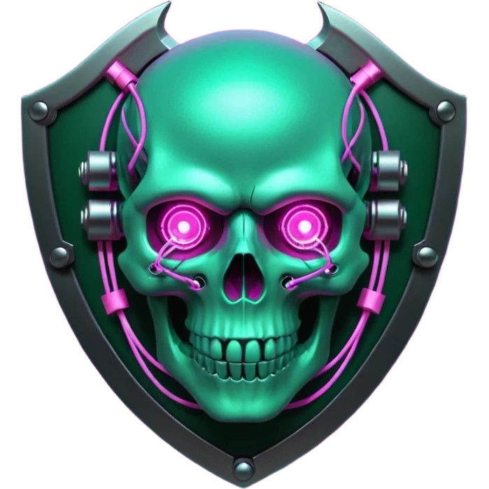 Cyberpunk shield, skull with cybernetic implants, glowing wires, dark electric green and pink tones, no background emoji
