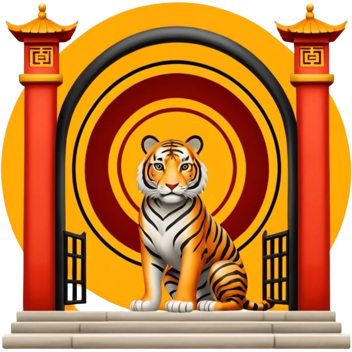 Traditional Chinese ink painting style emoji. A powerful tiger (like the ancient character 虎), standing guard in front of mystical gates (門). Energy swirls around him like a vortex (🌀). Minimalist, transparent background, 512x512 pixels. emoji
