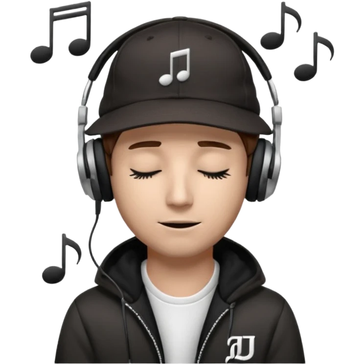 dj man white with baseball cap - rayban Sun Glasses 80s - brown hair - closed eyes with headphones on with musical note over head (listening to music ) - eyes closed no glasses - black hat  musical notes floating around head - DJ DLG written on hat emoji