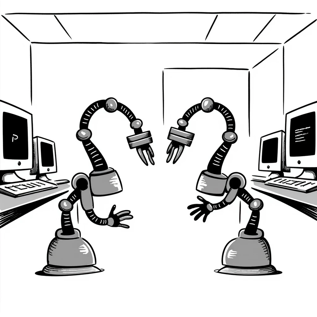 A robotics lab with mechanical arms and old CRT monitors emoji