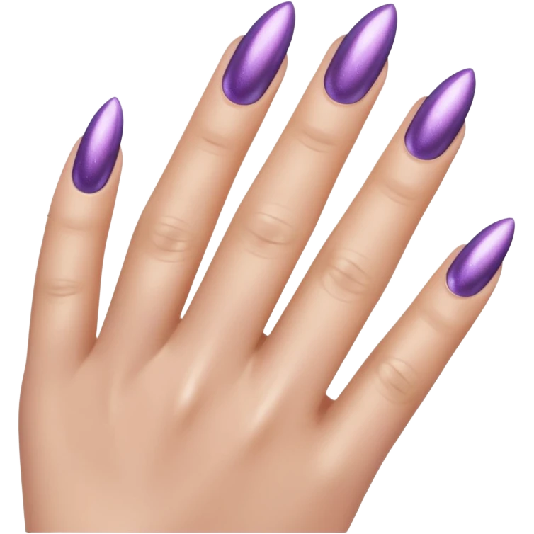 Close-up of a hand with long almond-shaped nails, deep lilac chrome shimmer polish, glossy finish emoji