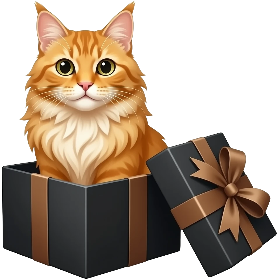 orange maine cat sitting elegantly in a black gift box emoji