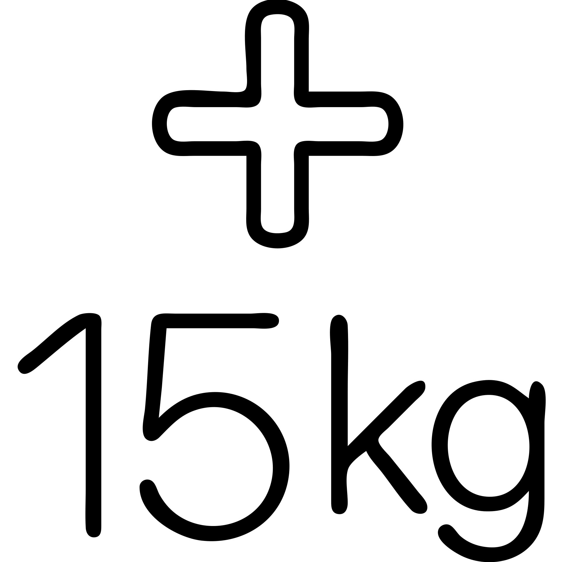 icon representing '+de 15 kilogramos', bold plus sign and number 15kg, clear and modern, minimal outline style emoji