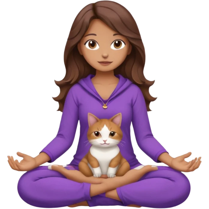 a girl with long wavy brown hair and brown eyes sitting in lotus position wearing purple clothes holding a cat, soft rounded expressive look emoji