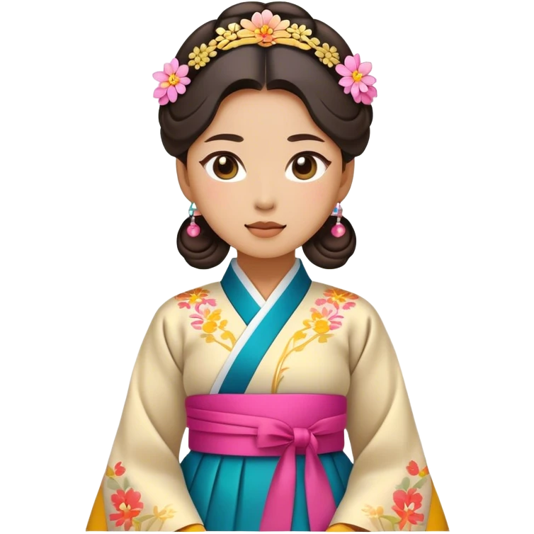Cinematic Realistic Hanbok Emoji, depicted as a graceful intricately designed traditional Korean dress with vibrant colors and flowing lines, rendered with delicate textures and soft cultural lighting that captures its timeless elegance. emoji