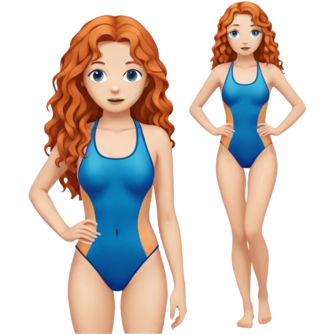 hot woman in blue swimming suit blond skin copper long semi  curly  hair full body  emoji