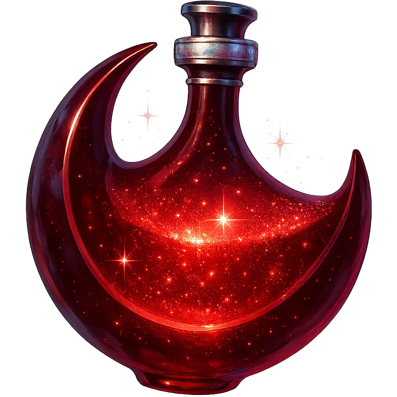 red moon-shaped luxurious elixir bottle, mysterious and mystical, deep red color, iridescent and silver details, intense magical glowing and sparkling effects, very small neck, seamless bottom, transparent background, floating, no base or shadow, modern, matching a collection emoji