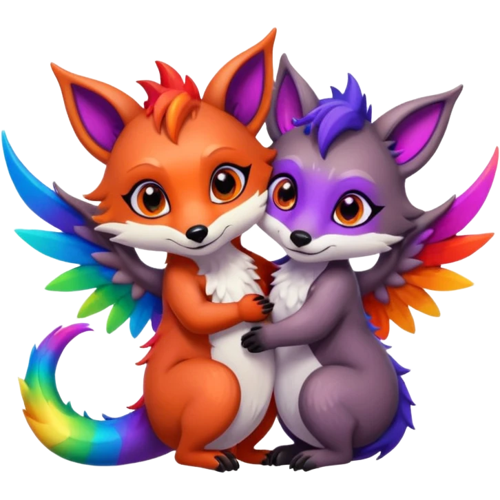 black female raccoon dragon hybrid with rainbow colored wings and purple eyes hugging a red female fox dragon hybrid with rainbow colored wings and orange eyes emoji