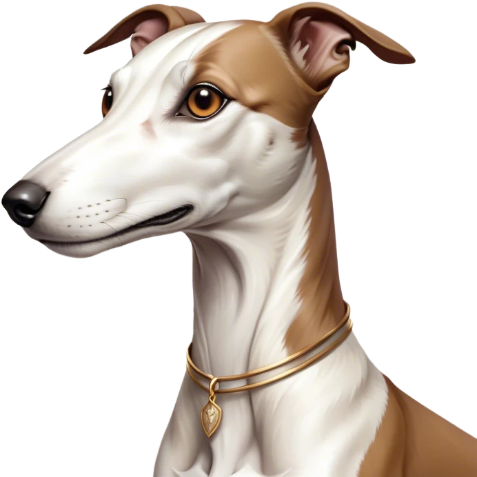 Cinematic Noble White and Brown Greyhound Portrait Emoji, Poised and regal, with a slender, aerodynamic build and a sleek Fur of pristine white accented by warm brown markings, deep-set soulful eyes, Simplified yet sharp and sophisticated features, highly detailed, glowing with a soft, dignified glow, high shine, intelligent and agile, stylized with an air of elegance, focused and attentive, soft glowing outline, capturing the essence of a watchful and swift companion, so majestic it feels as though it could dash out of the screen with effortless authority! emoji