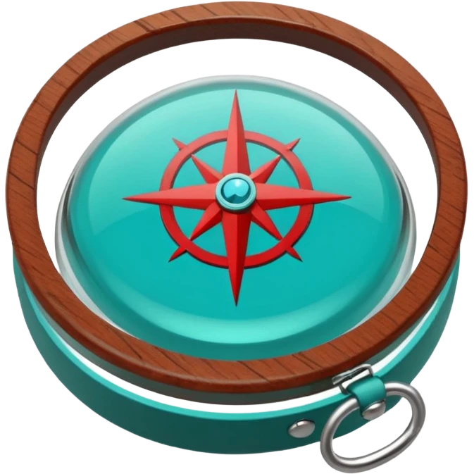 Round glass dome with turquoise-green liquid inside, red compass needle floating in center, brown wooden wrist band with metal clasps, anime cartoon style with clean line art emoji