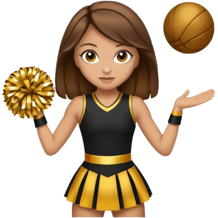 Cheerleader with golden skin tone skin, brown eyes, brown hair and full dress outfit black and gold emoji