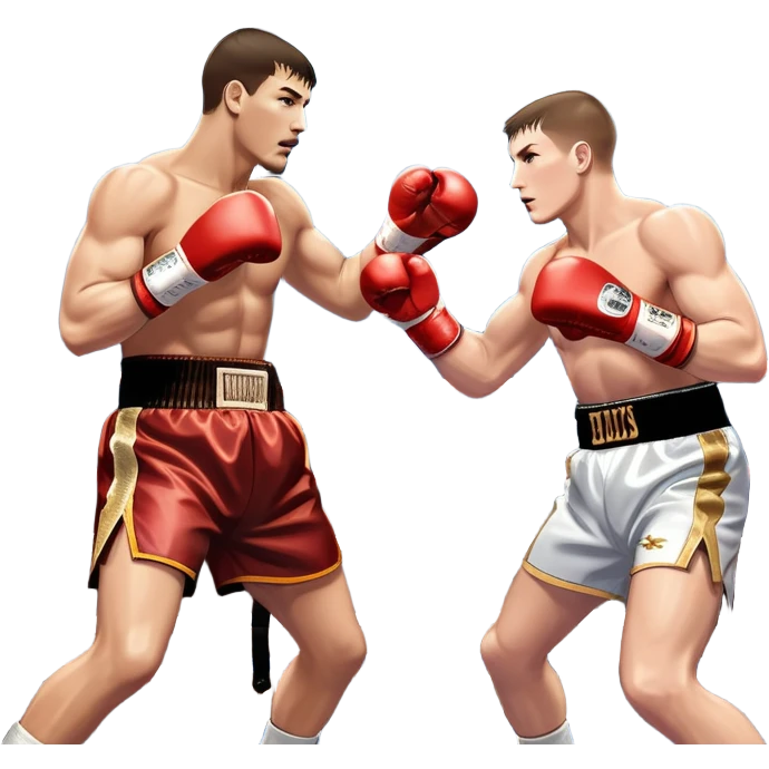  a high-stakes boxing match for the world championship title. Two professional boxers, wearing gloves and championship belts, exchange powerful punches in the center of the ring. The background features a packed arena with bright lights, a roaring crowd, and the championship banner hanging above.  emoji