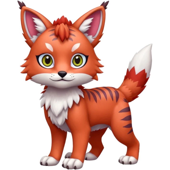 Colorful tropical reddish kawaii cute Lynx-Trico-Sergal-Wolf-Vernid-Fakémon-Pokémon-creature (full body) emoji
