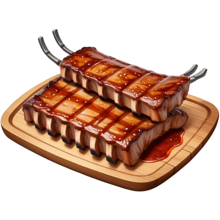 Cinematic juicy grilled ribs, glistening with smoky barbecue sauce, charred edges, tender meat falling off the bone, sizzling on a hot grill, mouthwatering and rich, warm and inviting, ultra-realistic and delicious. emoji