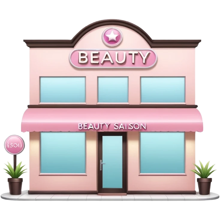 Modern beauty salon building with a stylish illuminated sign that says BEAUTY SALON on the front. Elegant exterior design, large clean windows, soft pastel colors, minimalistic decorations, welcoming atmosphere, daytime, high-quality detailed render emoji