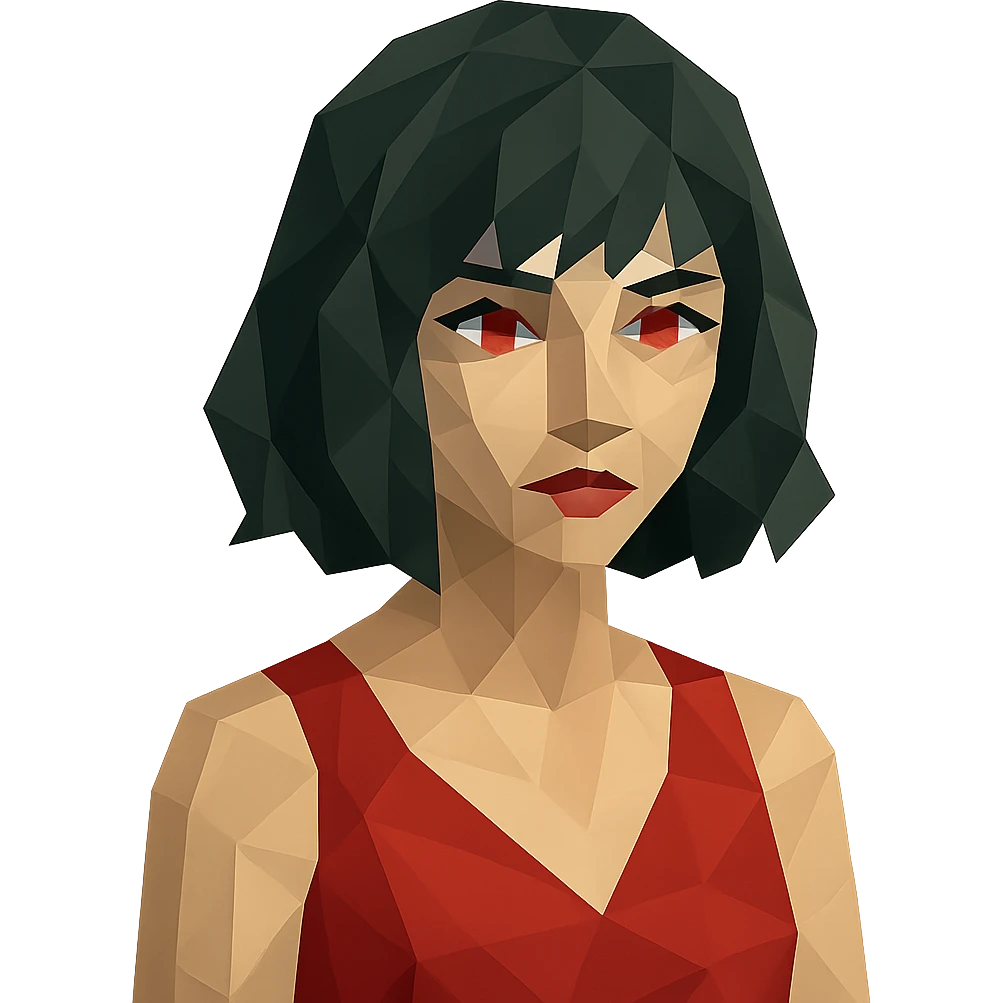 girl with dark green hair, red eyes, and a red dress emoji