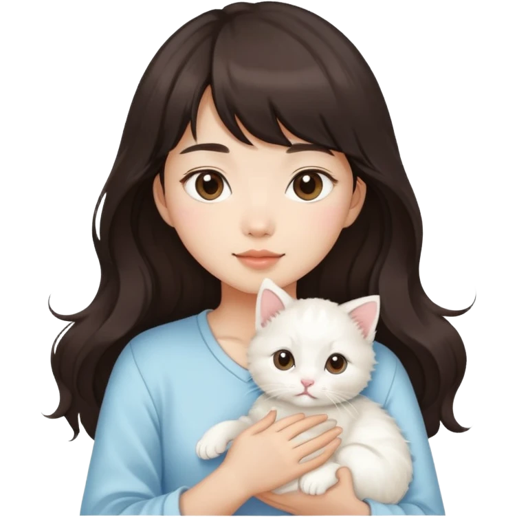 Asain girl with long wavy dark brown hair and bangs carrying a white kitten  emoji