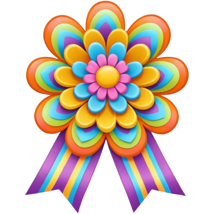 3D, psychedelic colored ribbon with hippie style flower border emoji