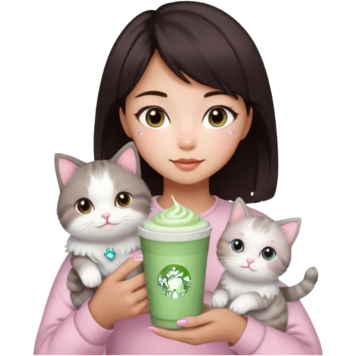 asian girl with short dark brown hair and dark brown eyes with a soft girl pink glowup aesthetic. matcha latte sparkles girly things, 2 ragdoll cat emoji