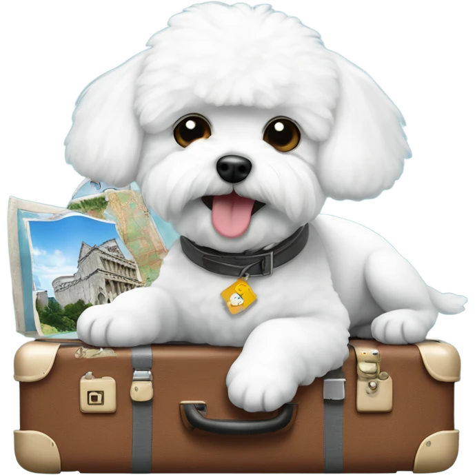A world traveler Bichon Frise with a suitcase filled with iconic places stickers on the suitcase  emoji