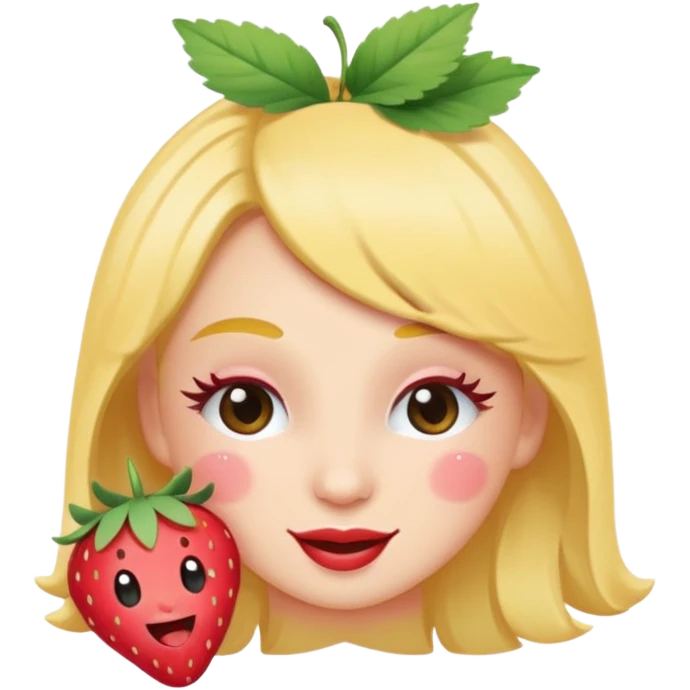 Emoji coquette, winking face with tiny strawberry sticker on cheek, fluttering eyelashes, pastel peach background, minimal vector, 512x512, transparent background
 emoji