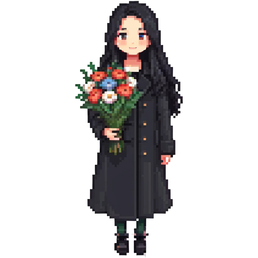 beautiful girl with long black hair wearing a black coat holding a bouquet of flowers emoji
