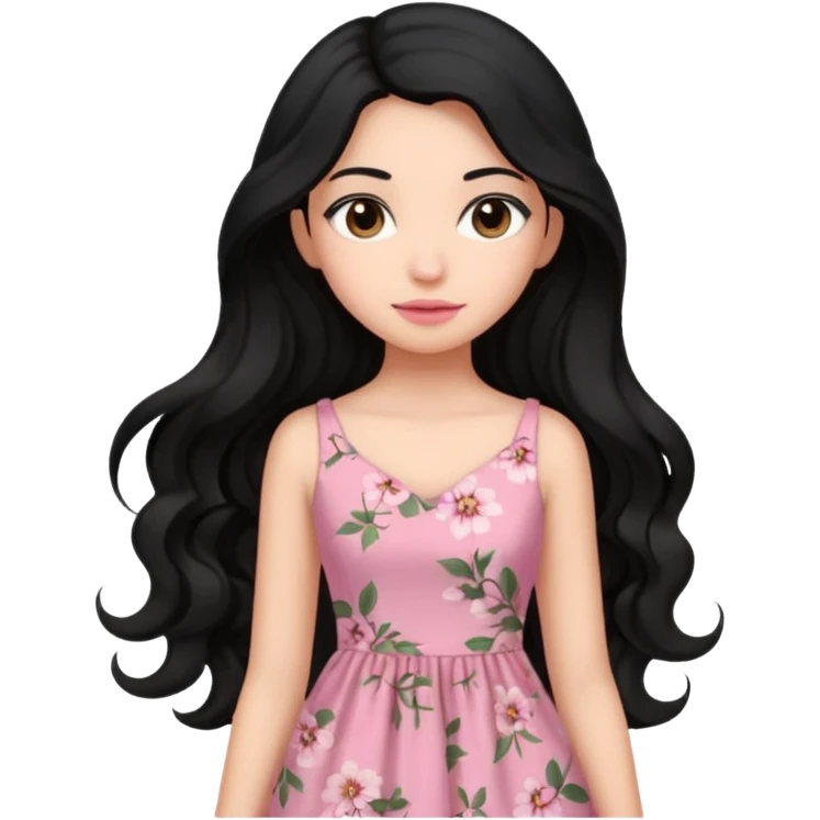 Uma menina com vestido longo rosa e cabelo longo preto ondulado emoji