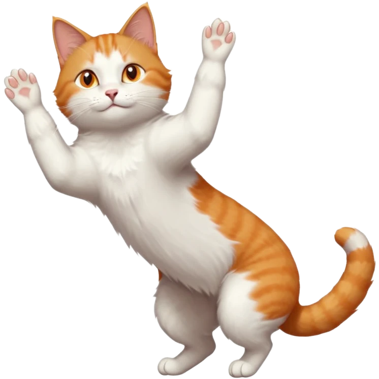ginger and white cat with orange eyes doing a big extremely long stretch reaching up into the air with arms and legs side by side together straight and overextended whilst lying on its side emoji