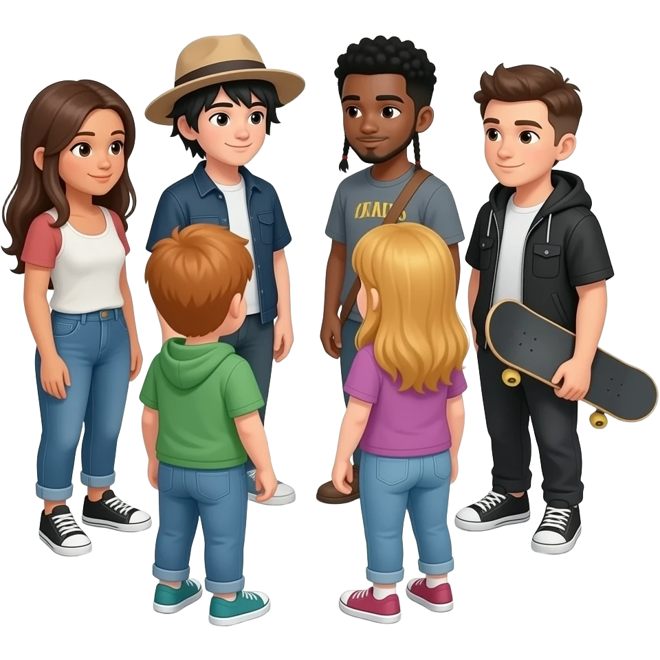 grupo de amigos jovenes hablando en ronda mirandose, distintos aspectos físicos, unx que use gorra, otrx que sea emo, otrx músico, otrx con patineta emoji
