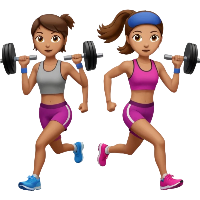 two women, one running and one lifting weights. brown hair, olive skin, hazel eyes. emoji