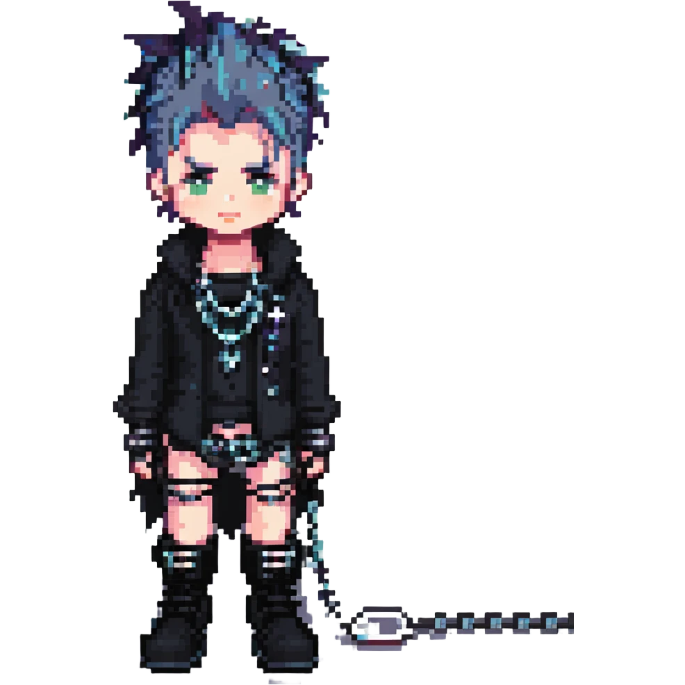 goth boy, pixel art, spiky hair, black boots, chains, minimalist emoji
