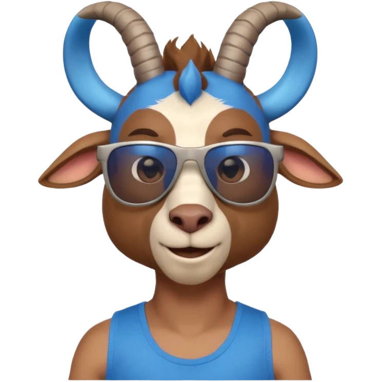 3D cartoon goat man portrait, head and shoulders, brown fur, small horns, blue reflective sunglasses, slight smile, tank top, soft lighting, centered, clean background, no text, no watermark
 emoji