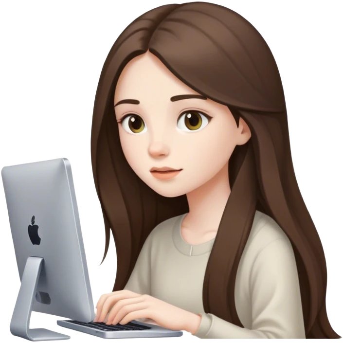 beautiful pale brunette girl with long hair editing photos on her computer looking on the screen emoji