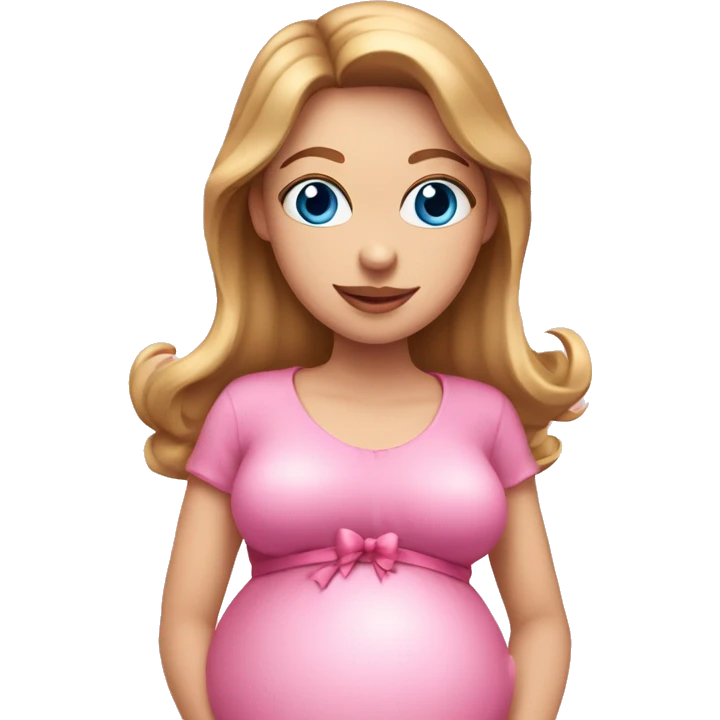 White pregnant lady, with Light Brown hair and blue eyes. She is wearing a tight pink dress and a bow,  standing and holding two pink heart balloons. emoji