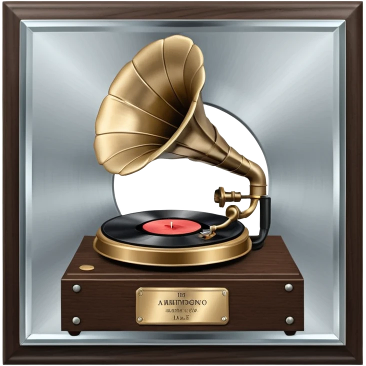 A platinum music award plaque: a square, polished platinum plate with a subtly textured, mirror-like finish, mounted on a simple dark wood base. The center features a relief of a vintage gramophone or stylized vinyl record in a slightly darker metallic tone.  emoji