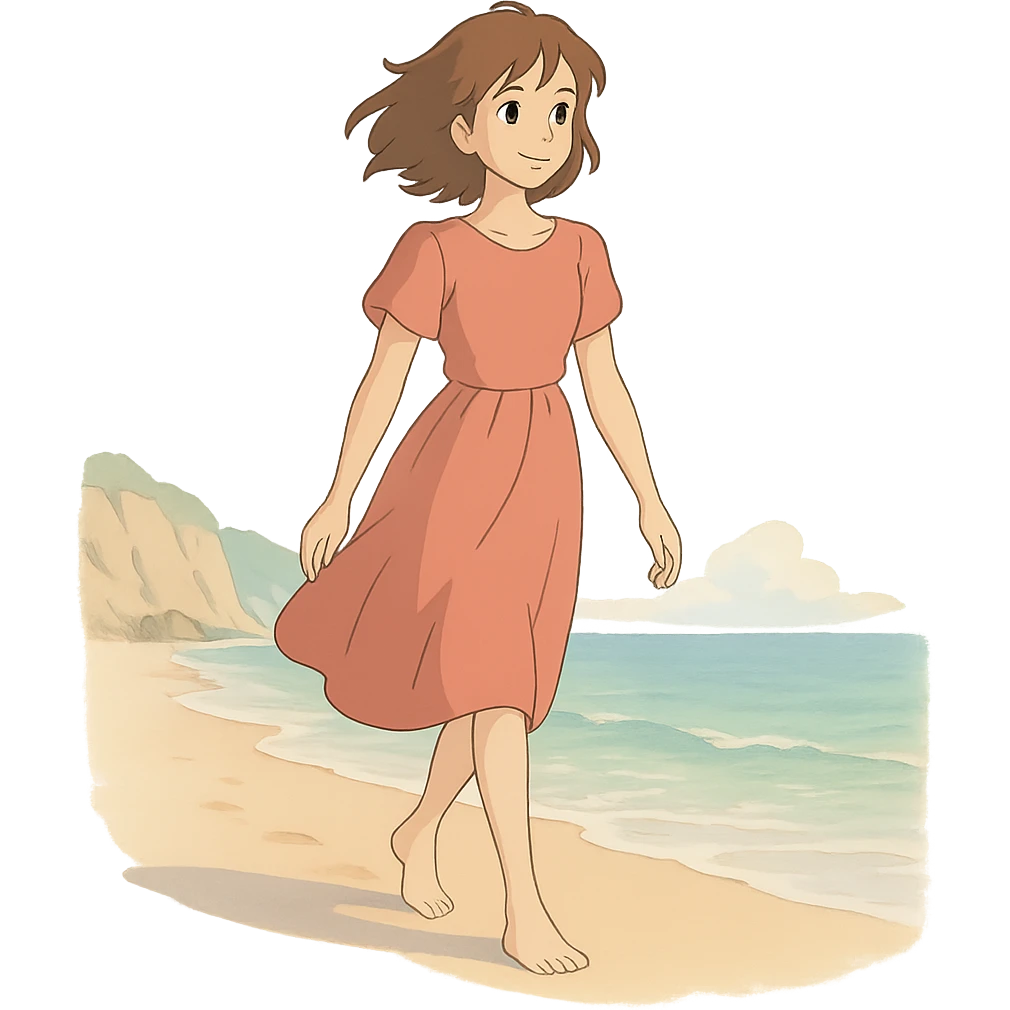ghibli style young woman walking on Malibu beach with soft colors emoji