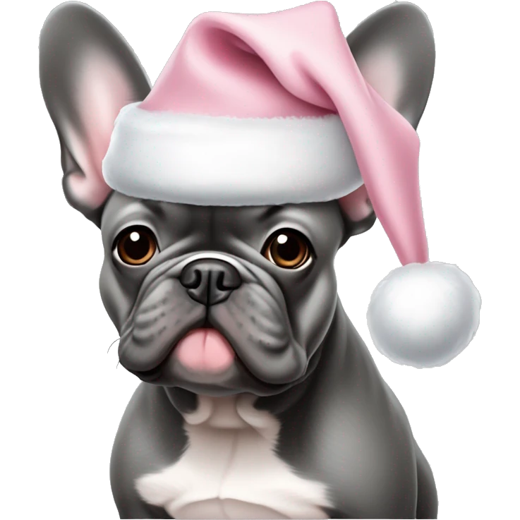 Solid Gray French bulldog with light pink Santa hat emoji