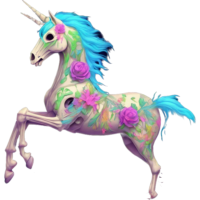 Neon Zombie Pegasus unicorn skeleton psychedelic flowers floral groovy art neon rave raving emoji