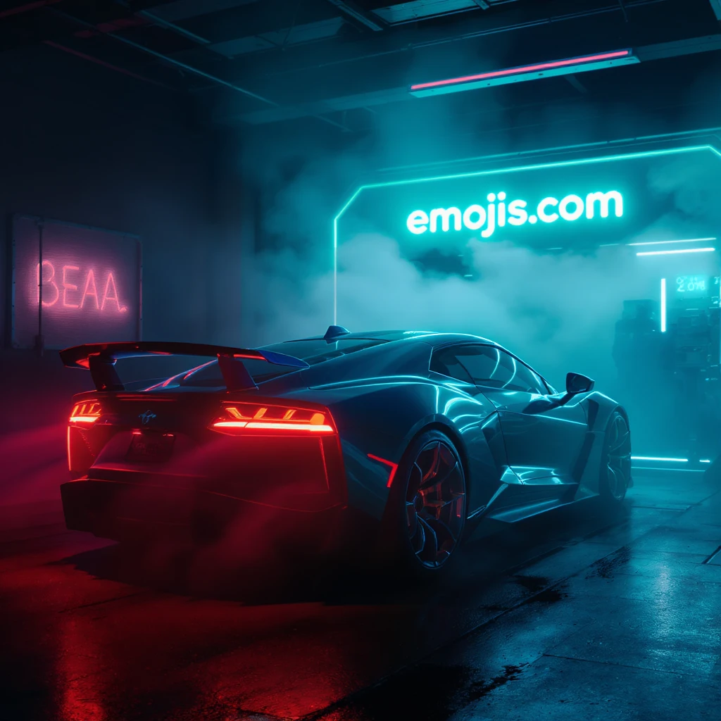 Cinematic still of a futuristic car parked in neon garage with led behind saying "emojis.com", room fill with haze, very detailed and futuristic ,inspired by cyberpunk 2077 emoji