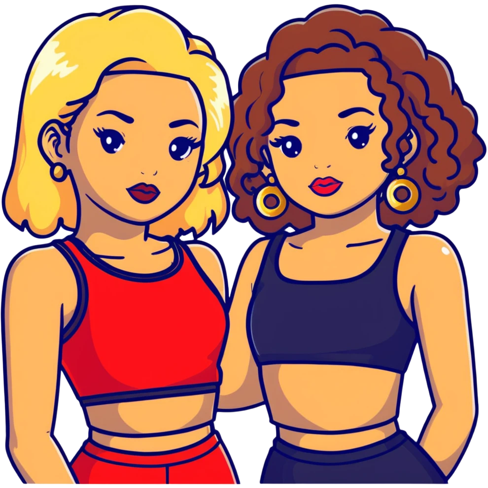 Two teenage girls together, one white with straight blonde hair and one brown-skinned with curly dark hair, both with heavy makeup, big lips, crop tops, gold jewelry and flashy choni style outfits emoji
